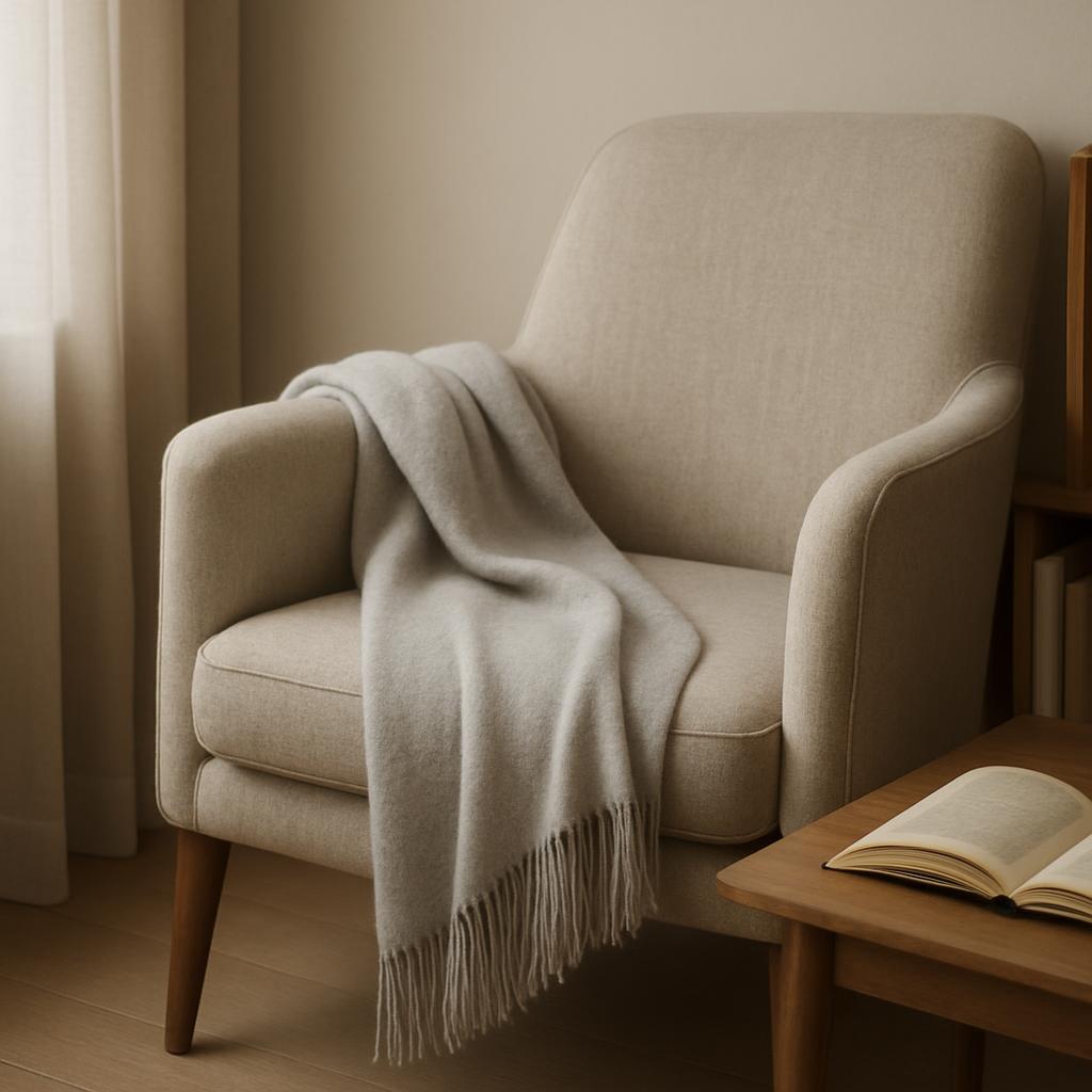 A beige armchair with a throw blanket draped over the back, accompanied by a wooden end table with an open book. The room ...