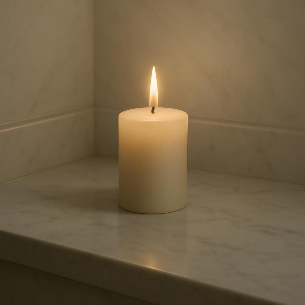 A white, cylindrical candle is centered in a corner of bathroom with large white tile, lit on top, directly facing the cam...