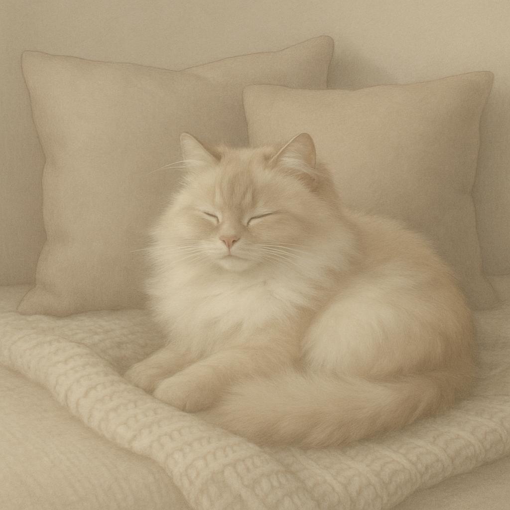Long-haired light orange cat sleeping on an off-white blanket on top of a bed. Two light beige pillows make up the headboa...