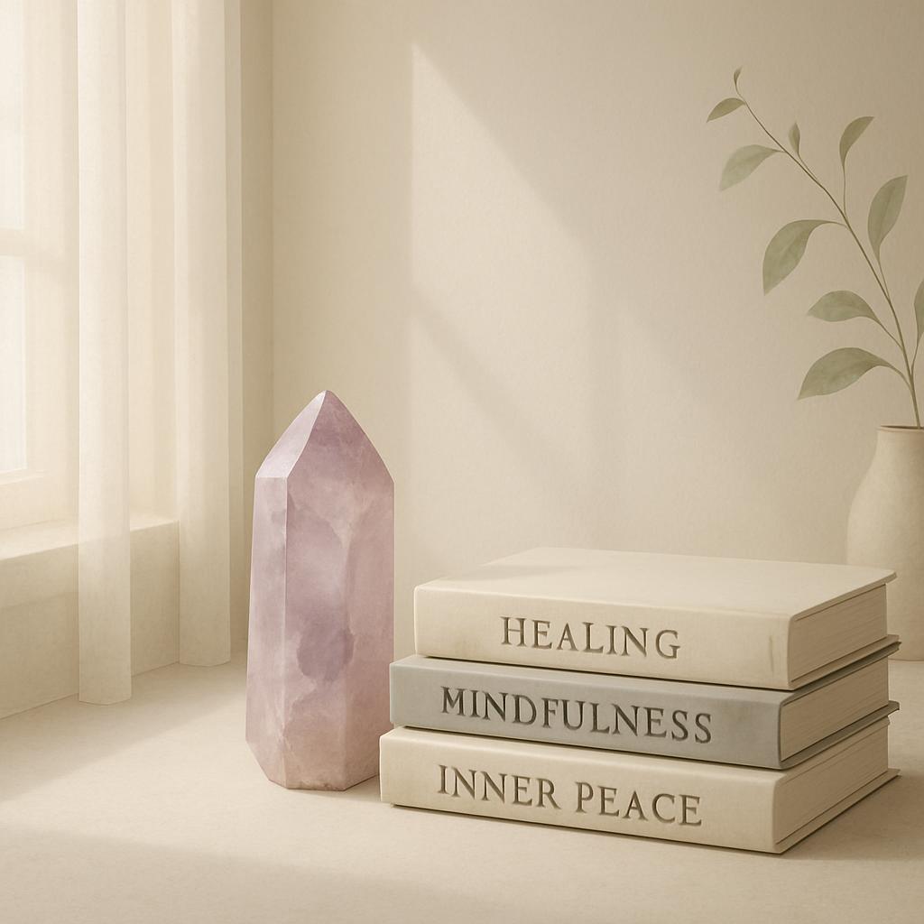 The image's alt text is: "Stack of books and a crystal, promoting wellness."